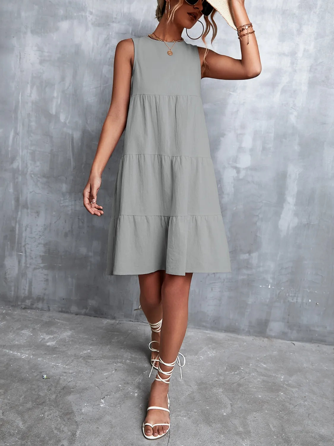 Tiered Round Neck Sleeveless Mini Tank Dress - Tigbul's Variety Fashion Shop
