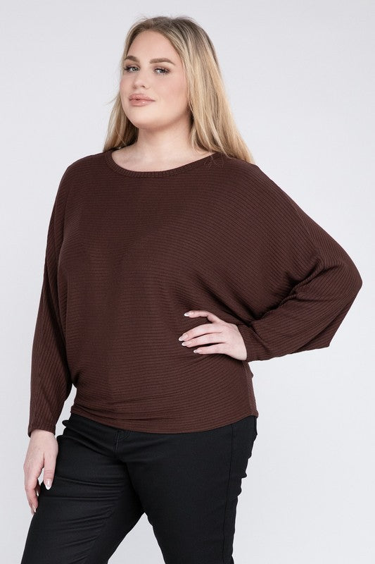 Plus Ribbed Batwing Long Sleeve Boat Neck Sweater - Tigbul's Variety Fashion Shop