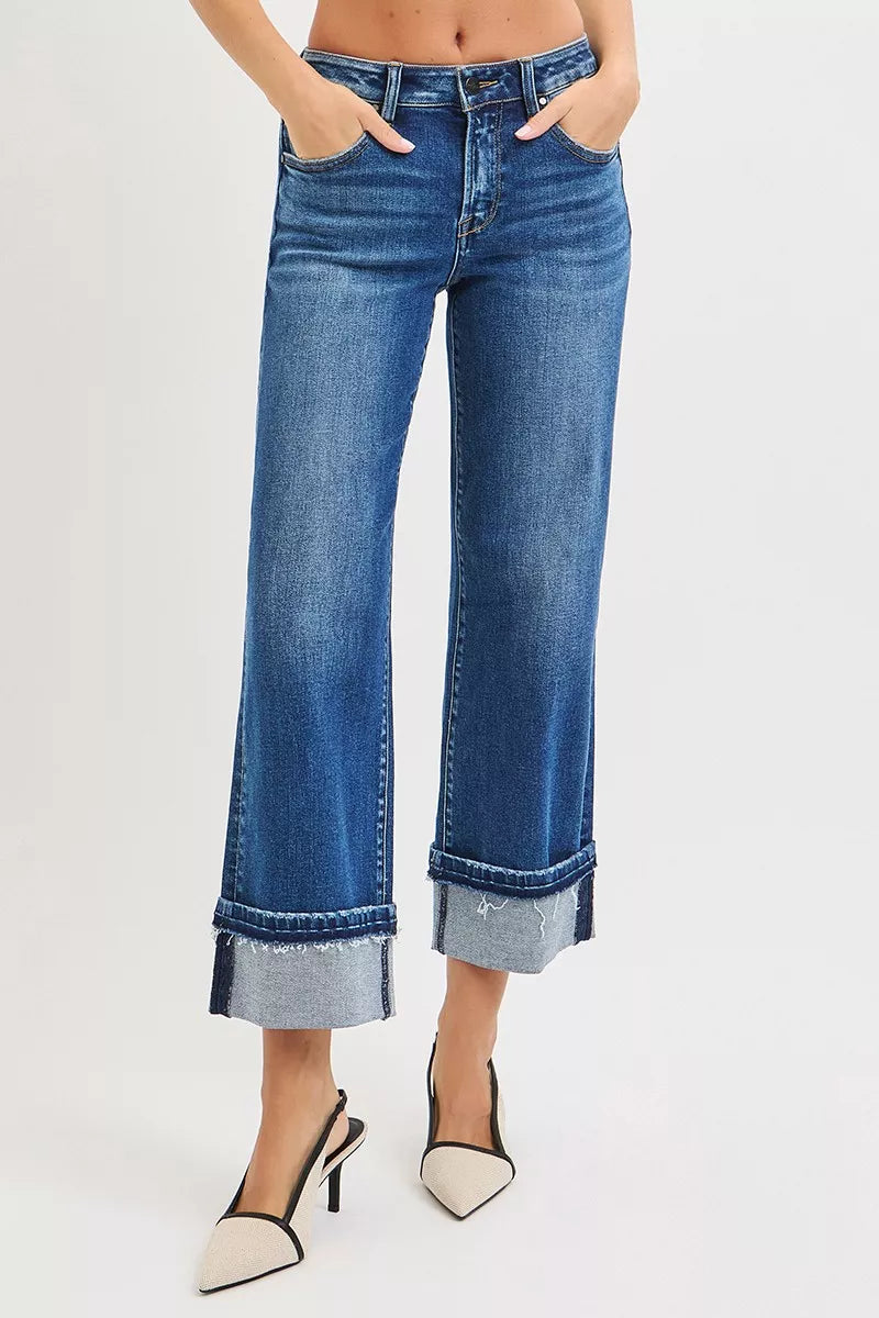 RISEN Mid Rise Ankle Straight Jeans with Cuffed Hem - Tigbul's Variety Fashion Shop