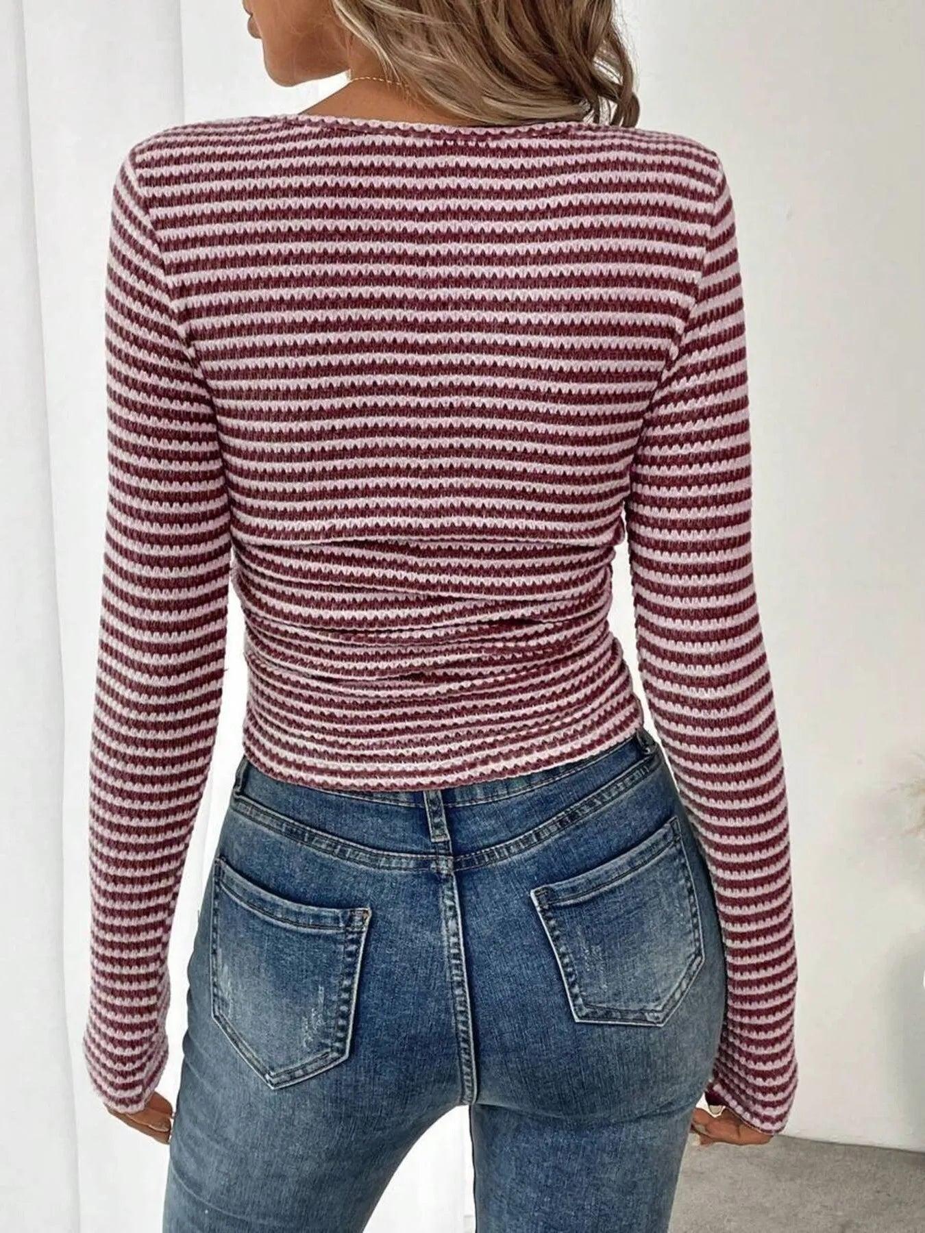 Striped Square Neck Long Sleeve T-Shirt - Tigbul's Variety Fashion Shop