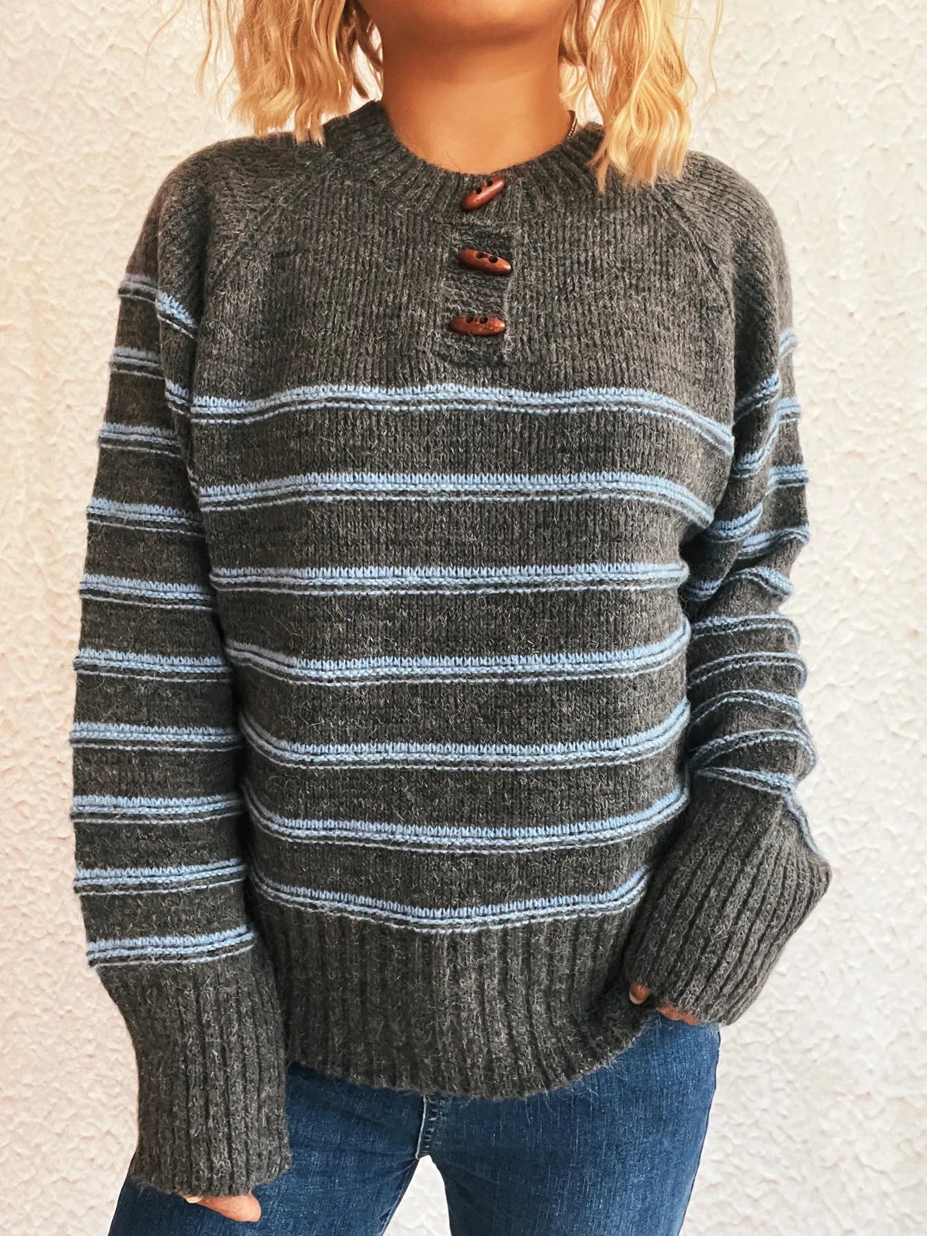 Striped Button Detail Long Sleeve Sweater - Tigbul's Variety Fashion Shop