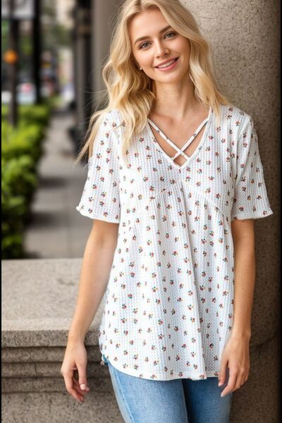 Floral Crisscross Ditsy Floral Babydoll Top - Tigbul's Variety Fashion Shop