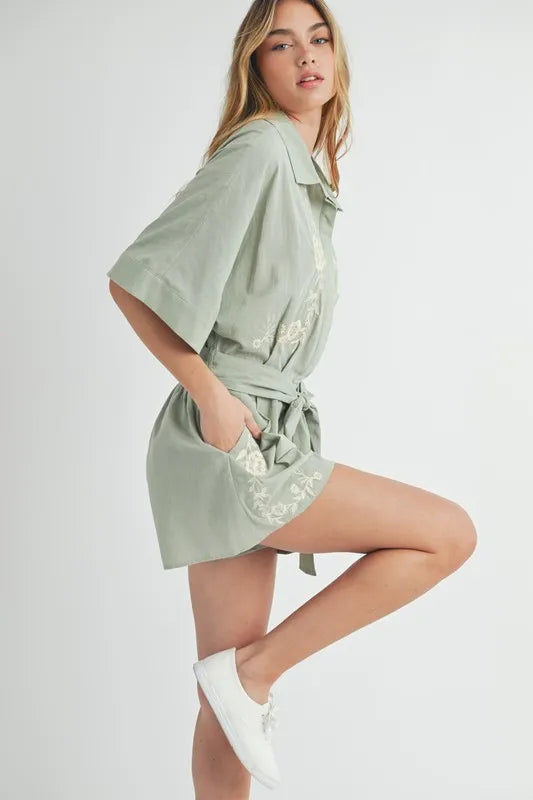 Embroidered Button Down Collared Neck Romper - Tigbul's Variety Fashion Shop