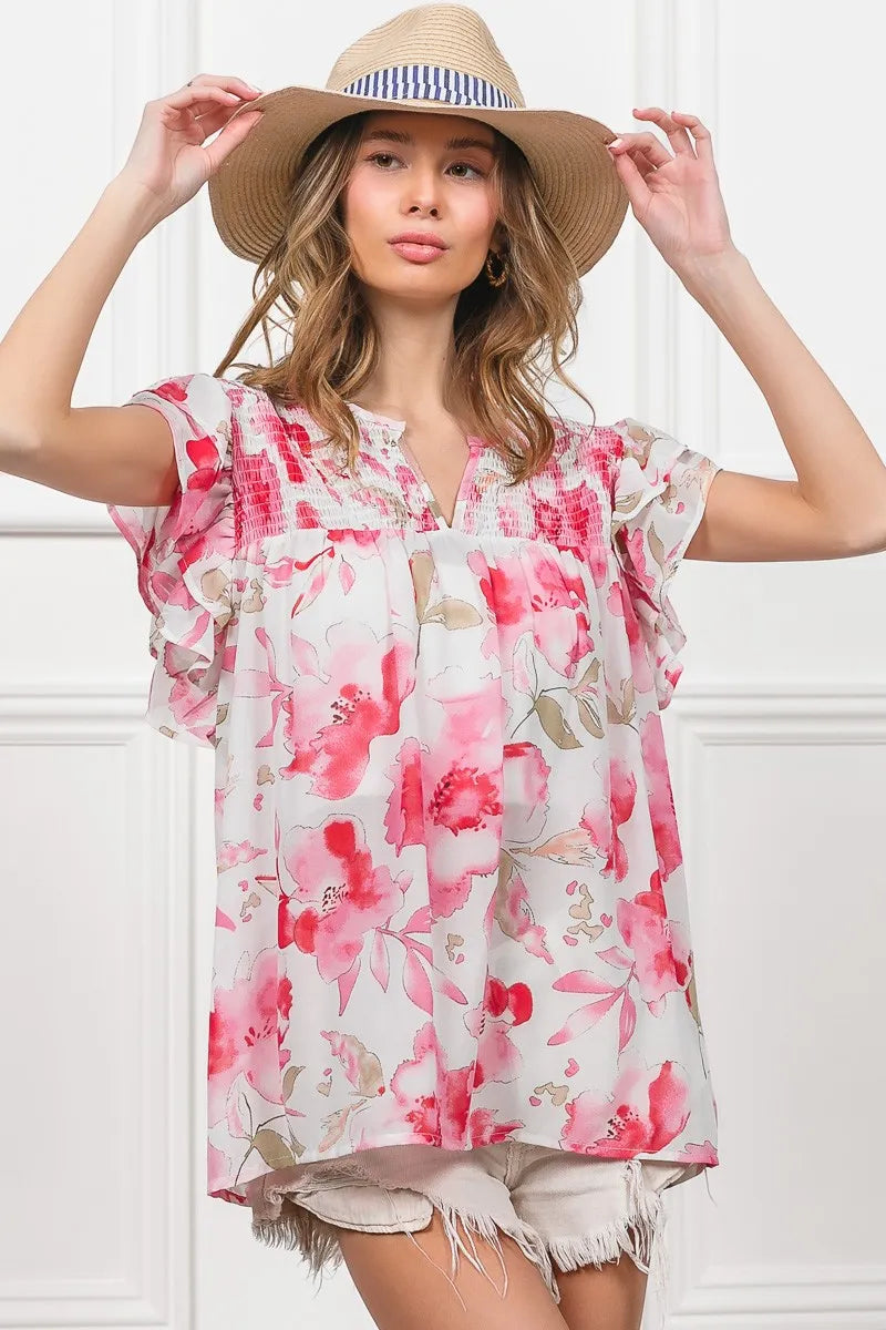 BiBi Floral Print Flutter Sheer Top - Tigbul's Variety Fashion Shop