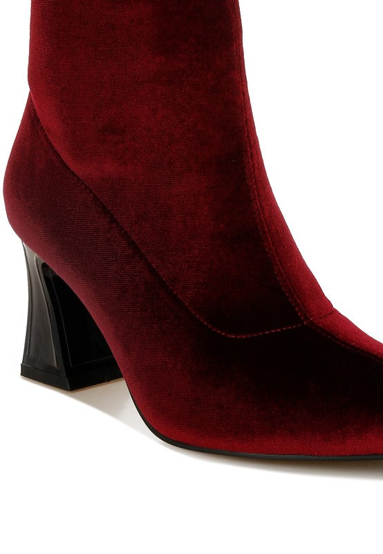 Arcturus Flared Block Heel Velvet Boots - Tigbul's Variety Fashion Shop