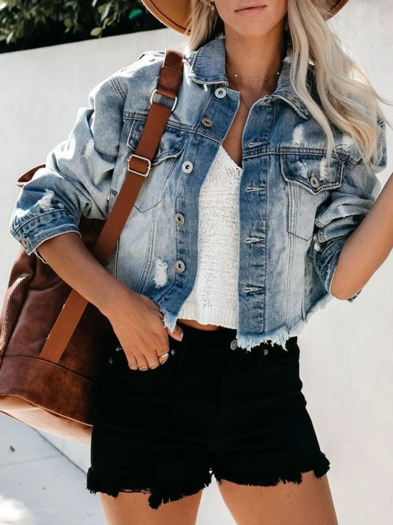 Distressed Raw Hem Denim Jacket - Tigbul's Variety Fashion Shop