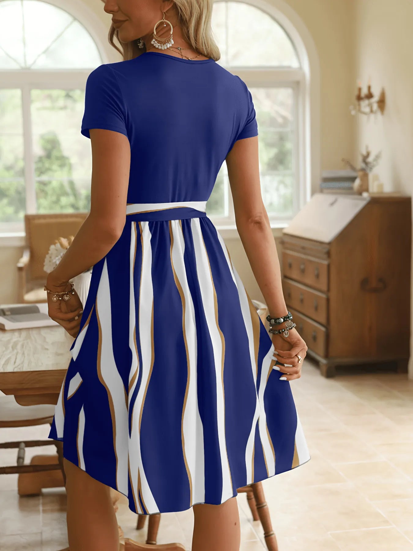Striped Short Sleeve Tie Waist Dress - Tigbul's Variety Fashion Shop