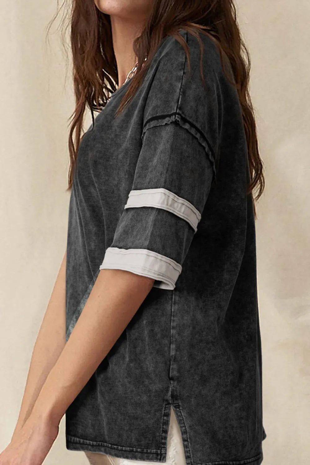 Contrast Round Neck Half Sleeve Black T-Shirt - Tigbul's Variety Fashion Shop