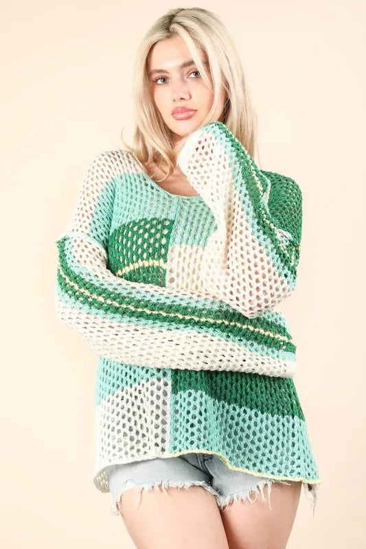 Green Color Block Oversized Summer Knit Cover Up - Tigbul's Variety Fashion Shop