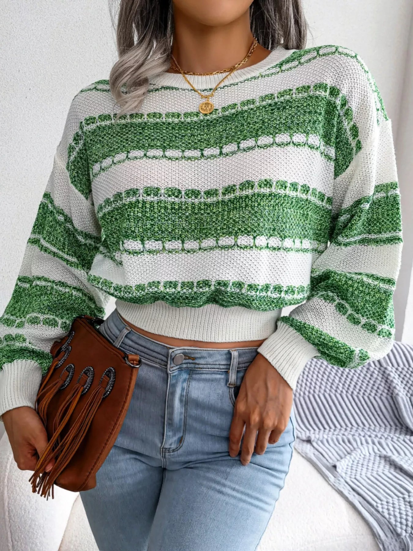 Color Block Round Neck Cropped Sweater - Tigbul's Variety Fashion Shop