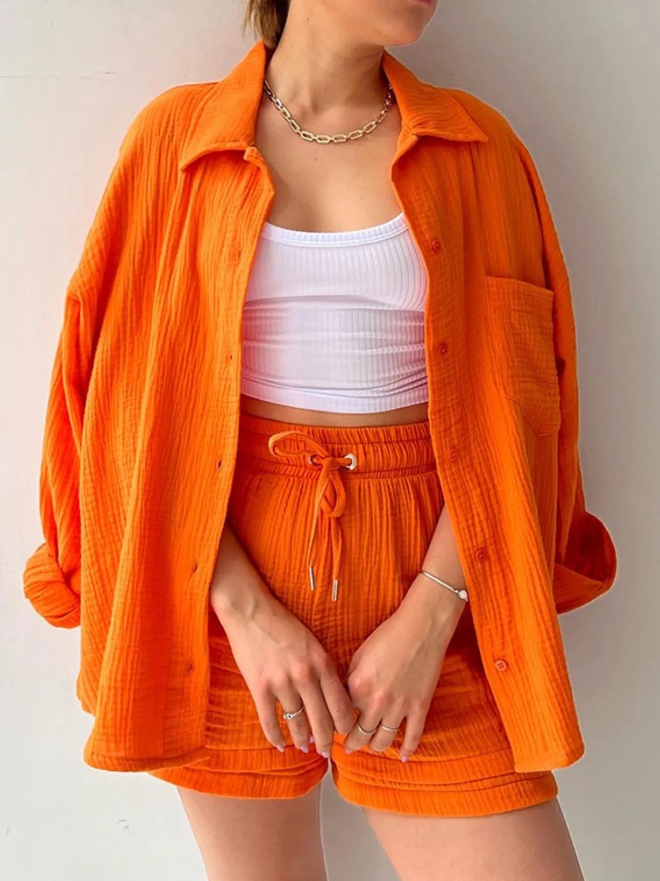 Textured Button Up Shirt and Shorts Set - Tigbul's Variety Fashion Shop