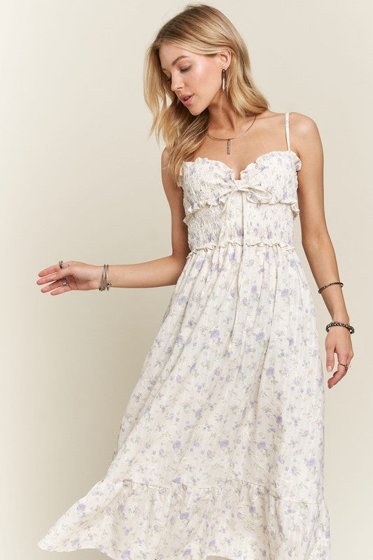 Lavender Smocked Floral Sweetheart Neck Cami Dress - Tigbul's Variety Fashion Shop