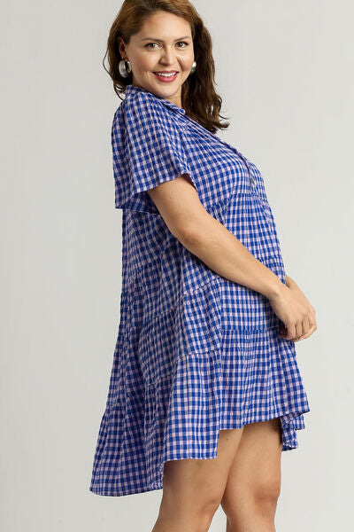 Blue Gingham Tiered Button Detail Short Sleeve Dress - Tigbul's Variety Fashion Shop