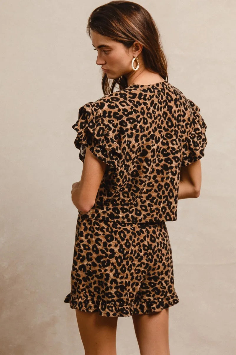 BiBi Leopard Print Waffle Texture Layered Ruffle Sleeve Top and Shorts Set - Tigbul's Variety Fashion Shop