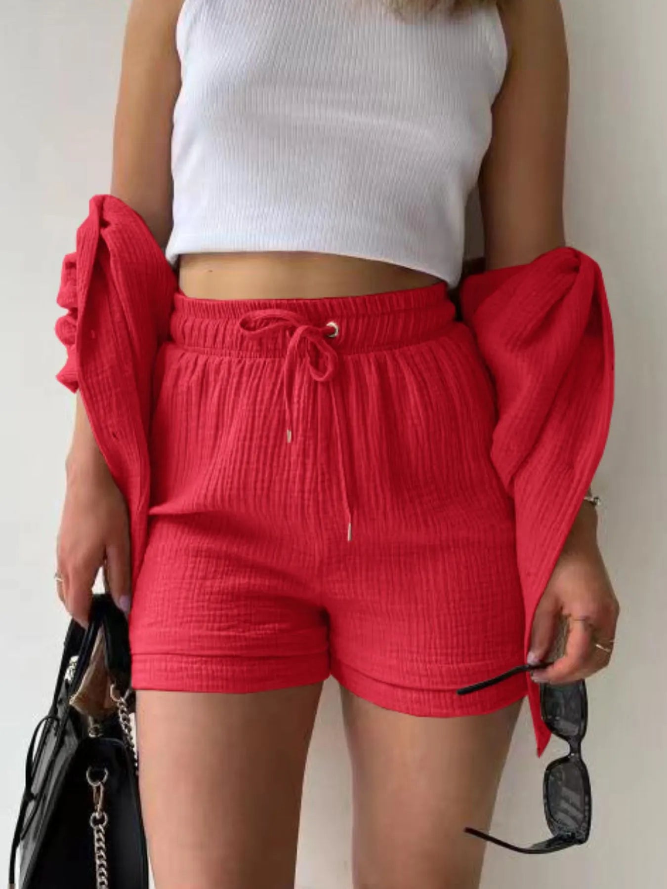Textured Button Up Shirt and Shorts Set - Tigbul's Variety Fashion Shop