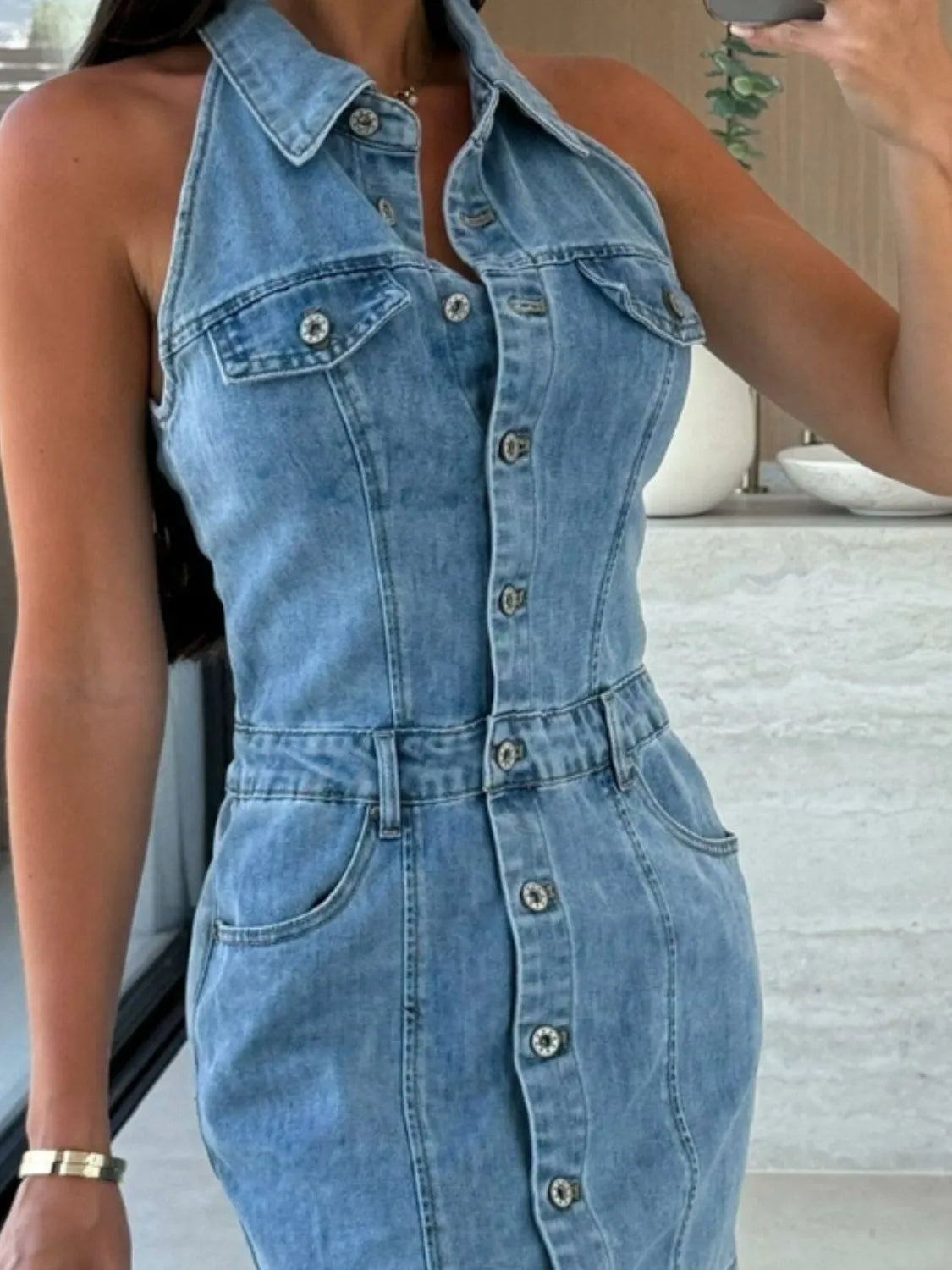Button Front Sleeveless Denim Mini Dress - Tigbul's Variety Fashion Shop