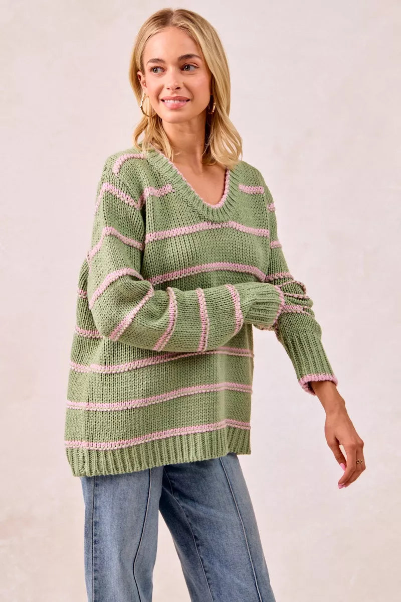 BiBi Striped Long Sleeve Sweater - Tigbul's Variety Fashion Shop