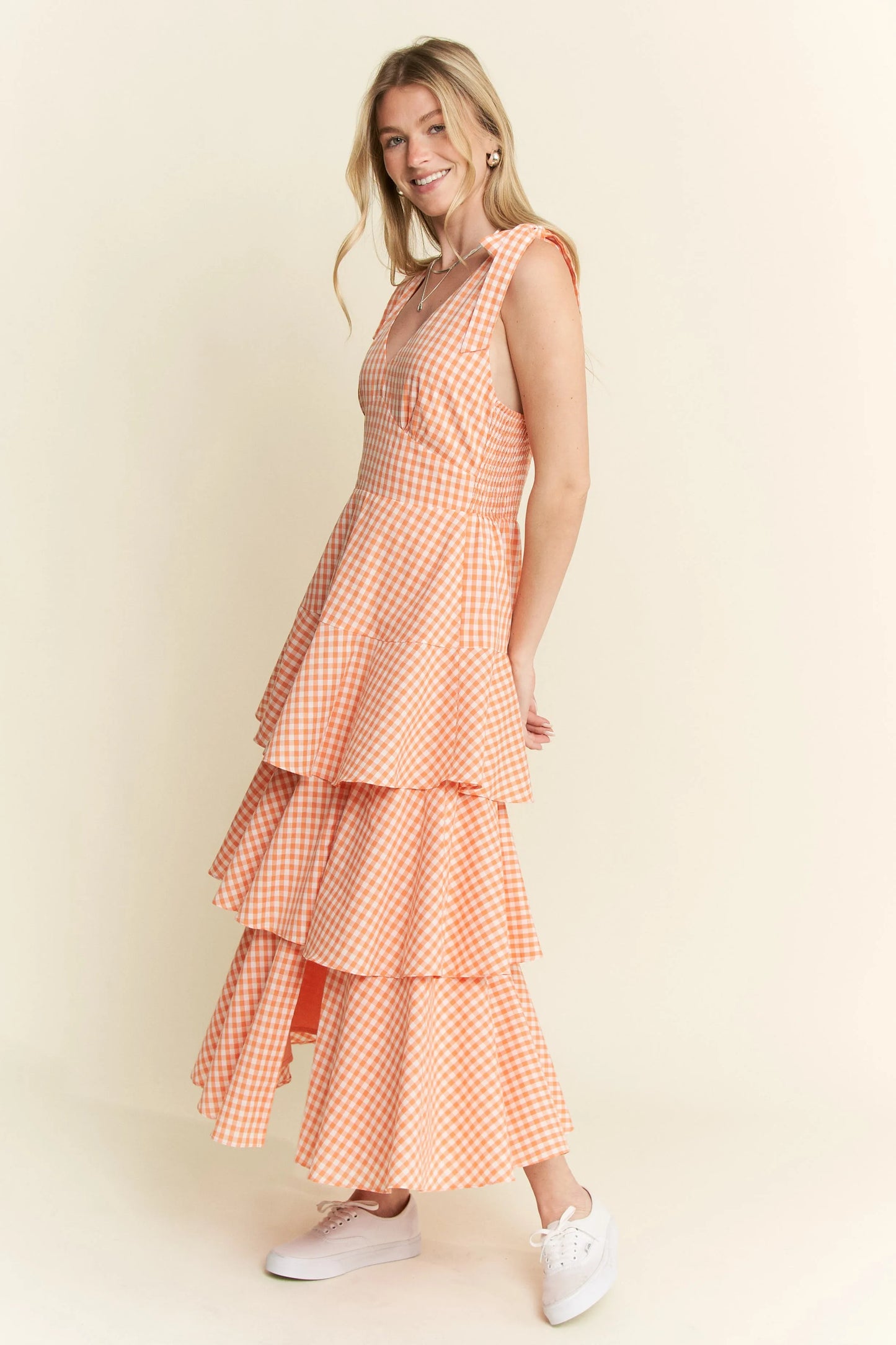 Orange Sleeveless Gingham Print Tiered Midi Dress - Tigbul's Variety Fashion Shop