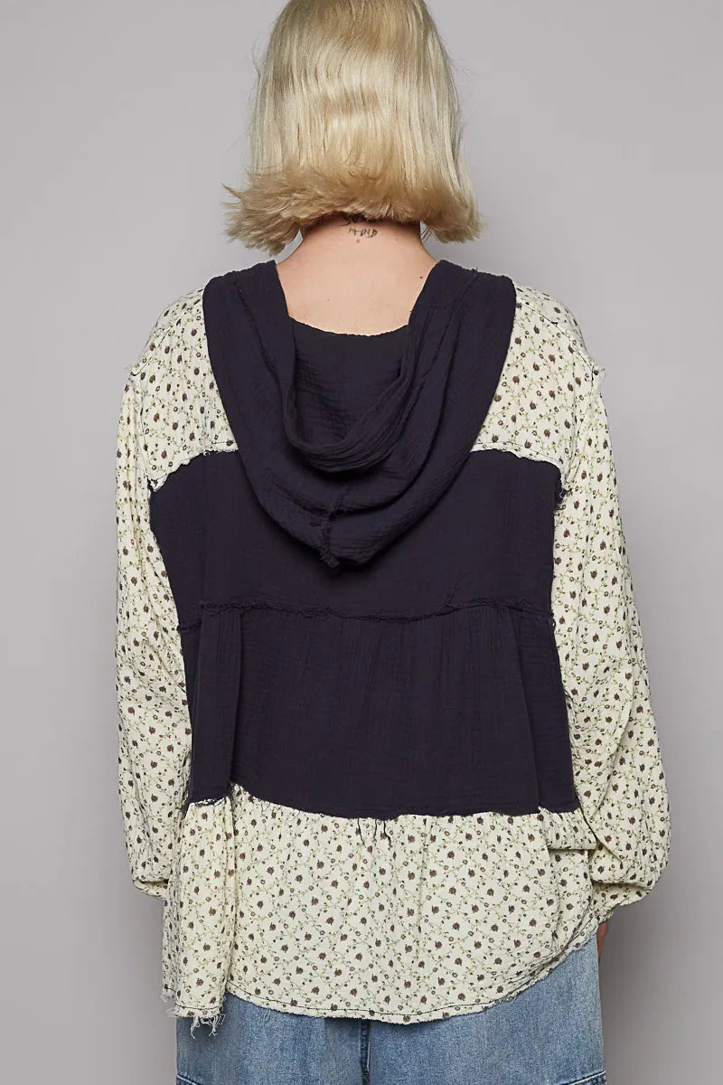 POL Color Block Printed Frayed Hem Hooded Shacket - Tigbul's Variety Fashion Shop