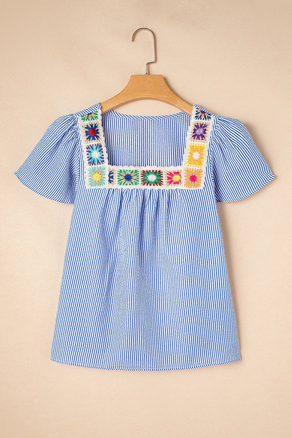 Stripe Textured Ruffle Short Sleeve Boho Detail Square Neck Blouse - Tigbul's Variety Fashion Shop