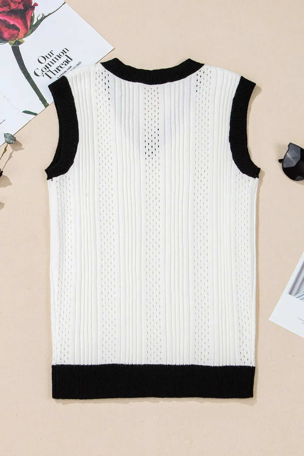 Contrast Trim Eyelet Knit V Neck White Sweater Vest - Tigbul's Variety Fashion Shop
