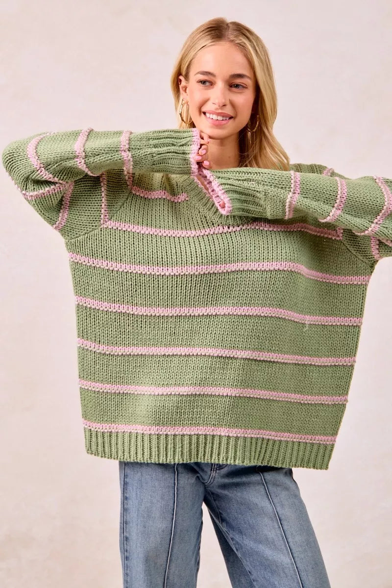BiBi Striped Long Sleeve Sweater - Tigbul's Variety Fashion Shop