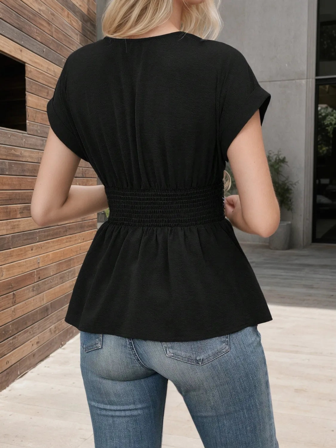 Surplice Short Sleeve Blouse - Tigbul's Variety Fashion Shop