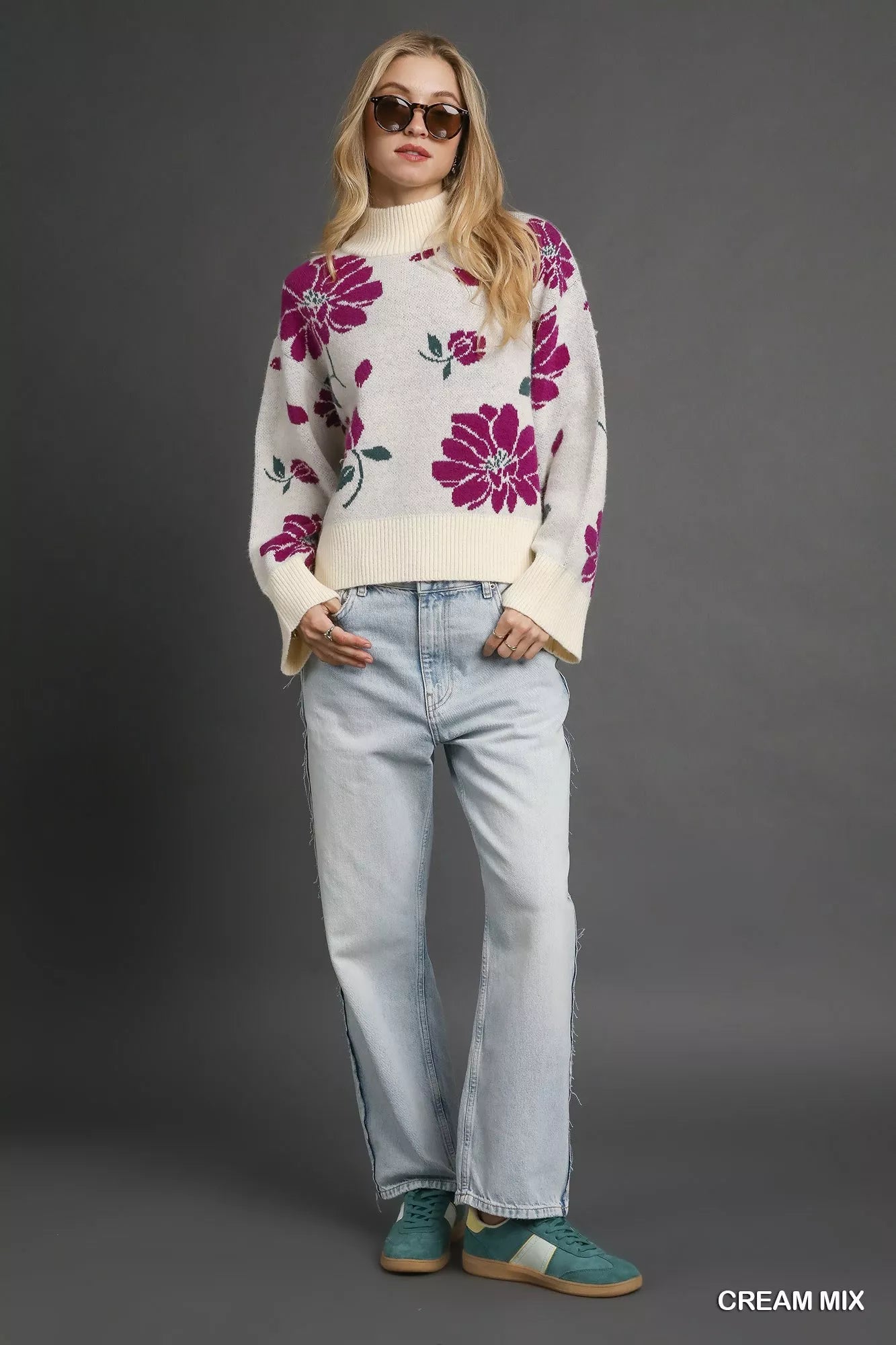 Umgee Floral Patterned Mock Neck Sweater - Tigbul's Variety Fashion Shop