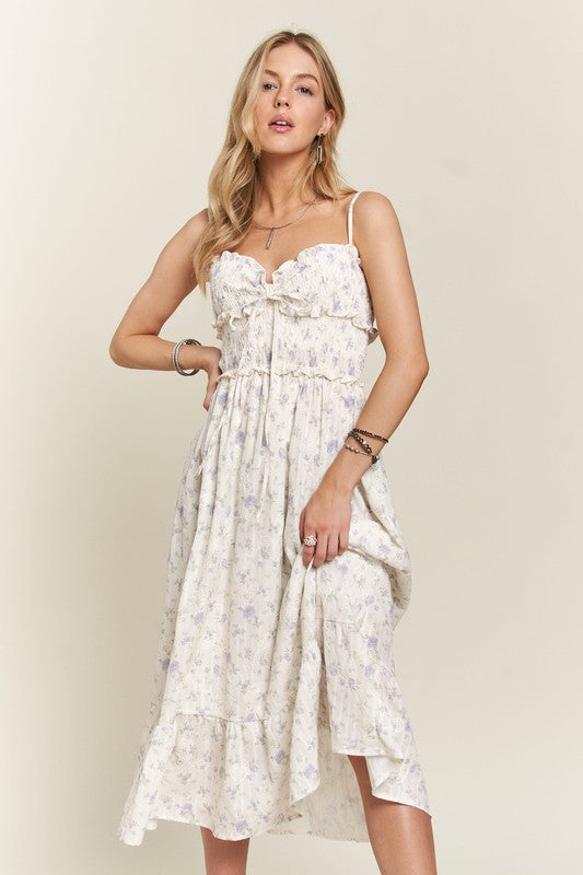 Lavender Smocked Floral Sweetheart Neck Cami Dress - Tigbul's Variety Fashion Shop