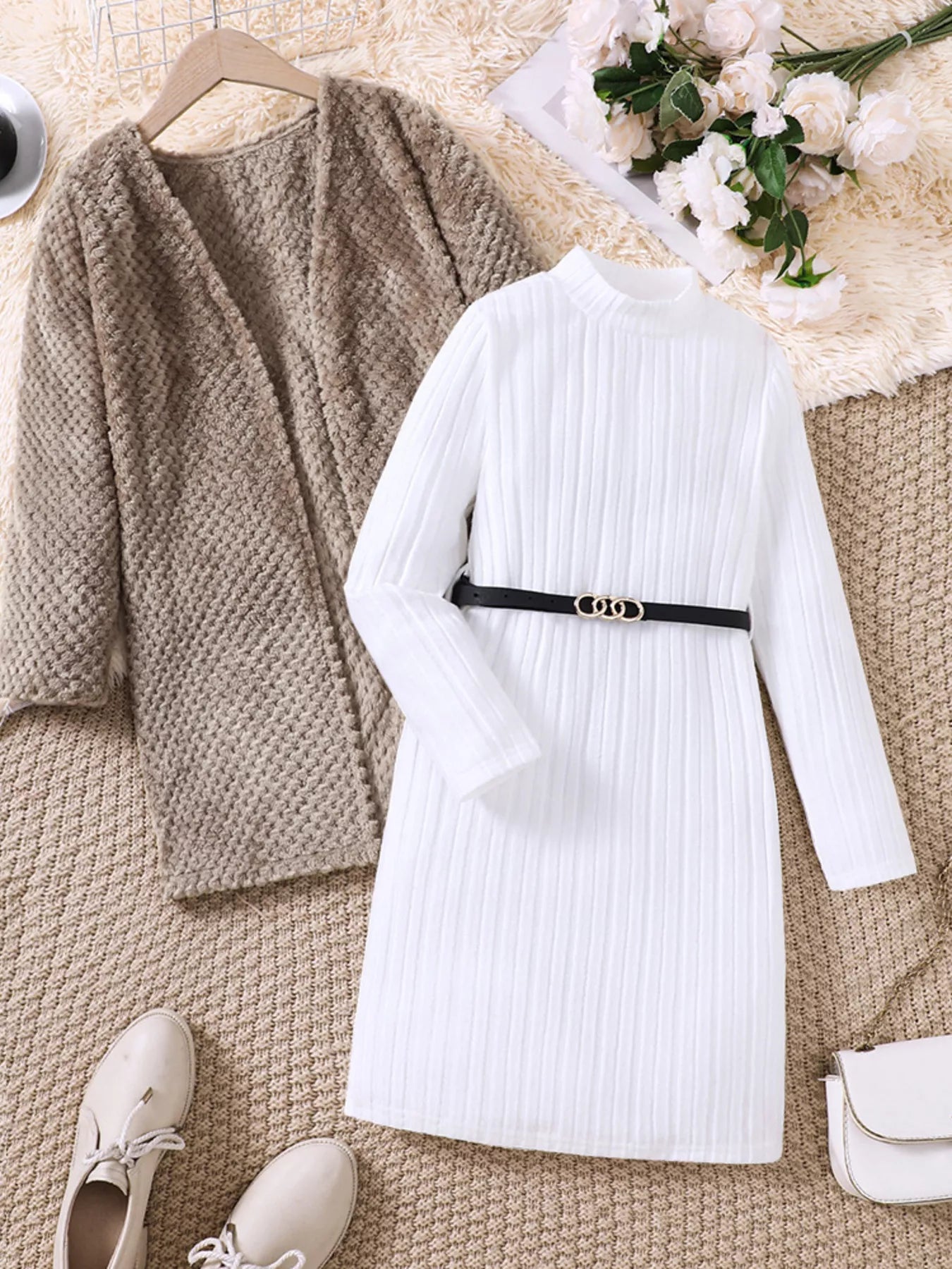 Children's Textured Sweater Dress and Open Front Cardigan Set - Tigbuls