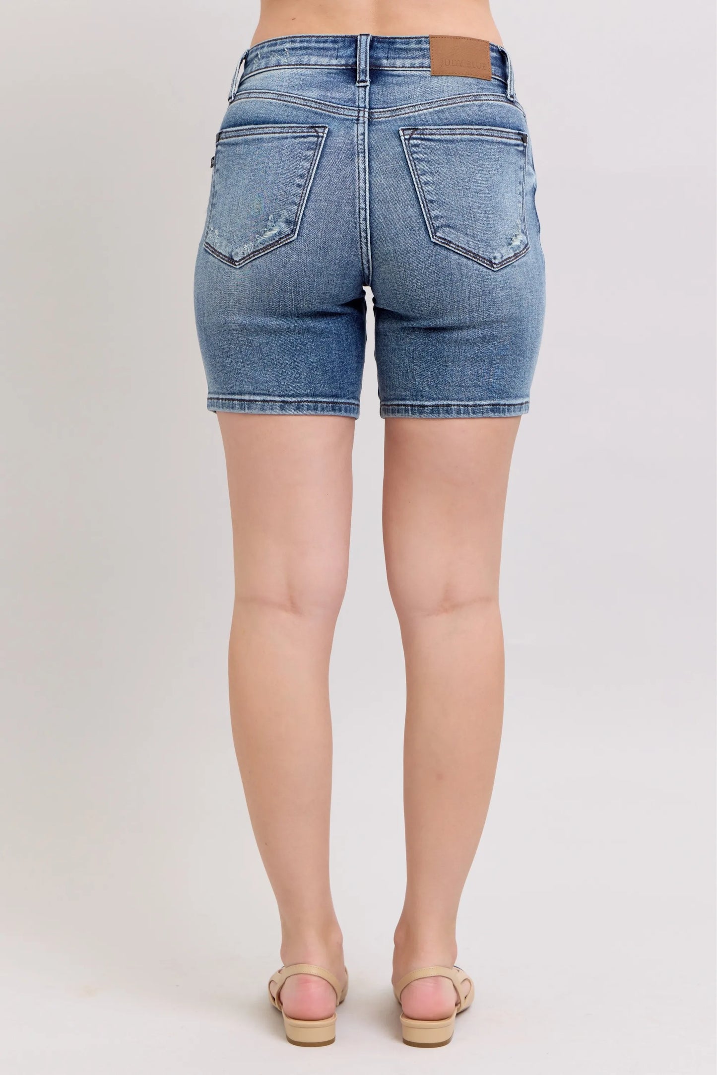 Judy Blue Button Fly Mid Length Denim Shorts W/ Destroy - Tigbul's Variety Fashion Shop