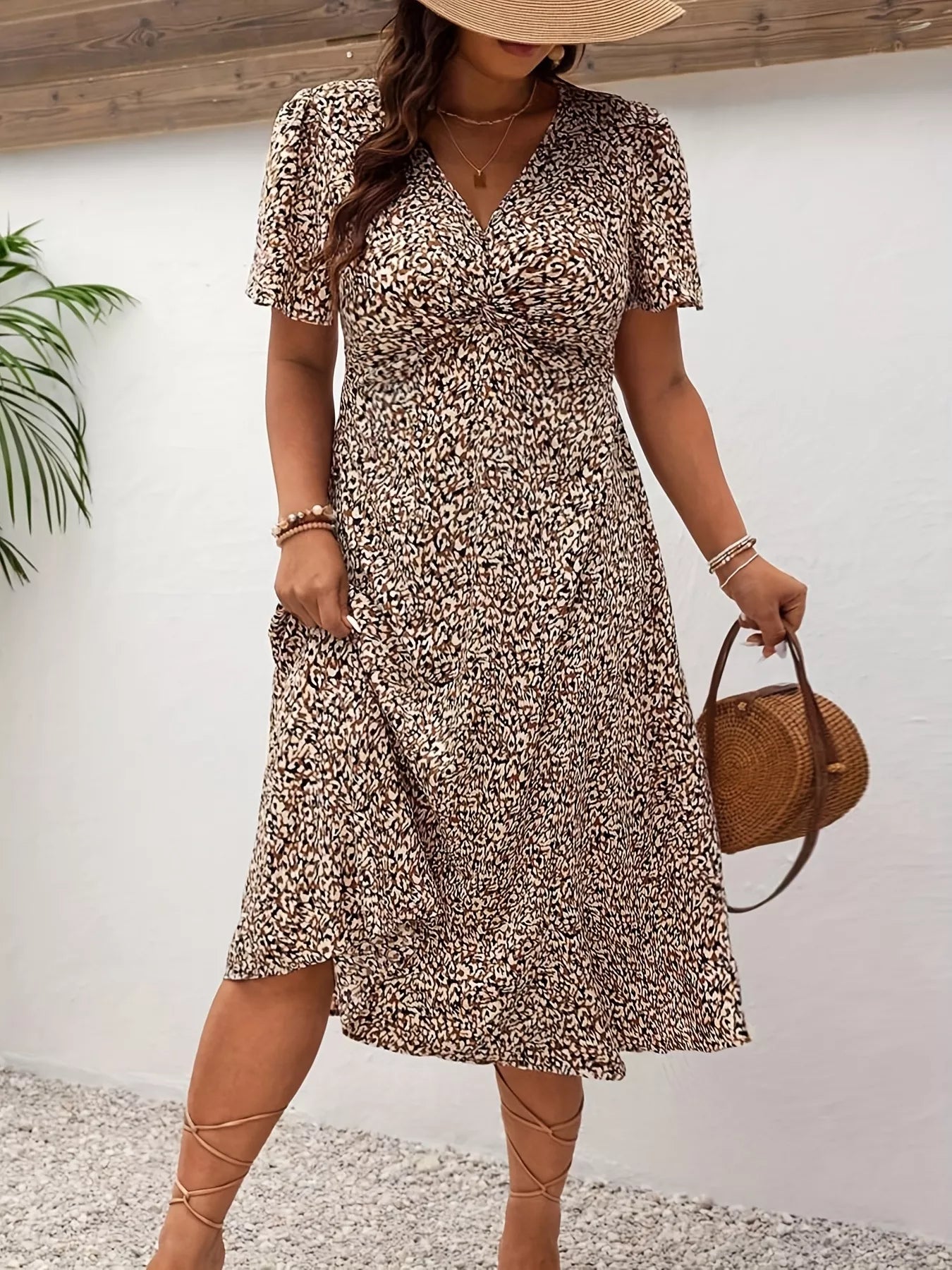 Plus Size Printed V-Neck Short Sleeve Midi Dress - Tigbul's Variety Fashion Shop