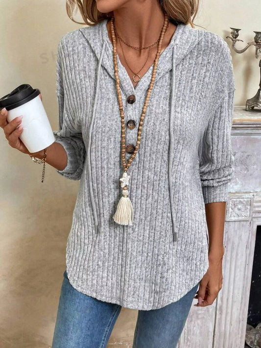 Casual Ribbed Button Detail Hoodie - Tigbul's Variety Fashion Shop