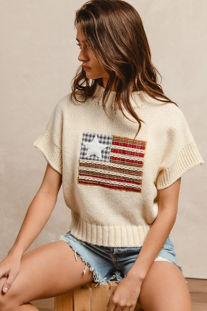 BiBi American Flag Patchwork Drop Shoulder Sweater - Tigbul's Variety Fashion Shop