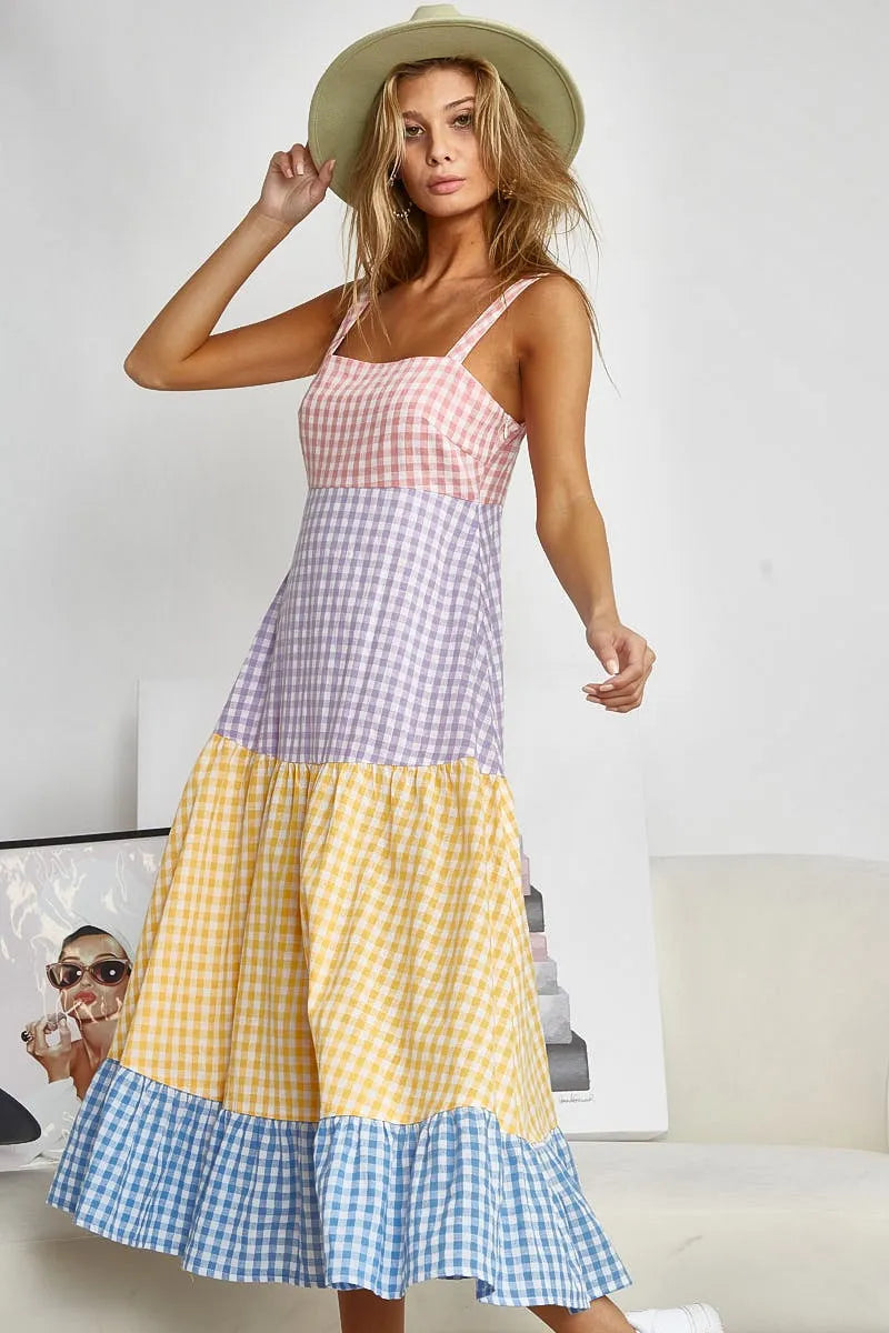 Color Block Tiered Gingham Dress - Tigbul's Variety Fashion Shop