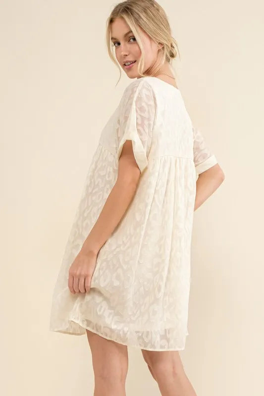 Woven Leopard Baby Doll Roll-Sleeve Casual White Dress - Tigbul's Variety Fashion Shop