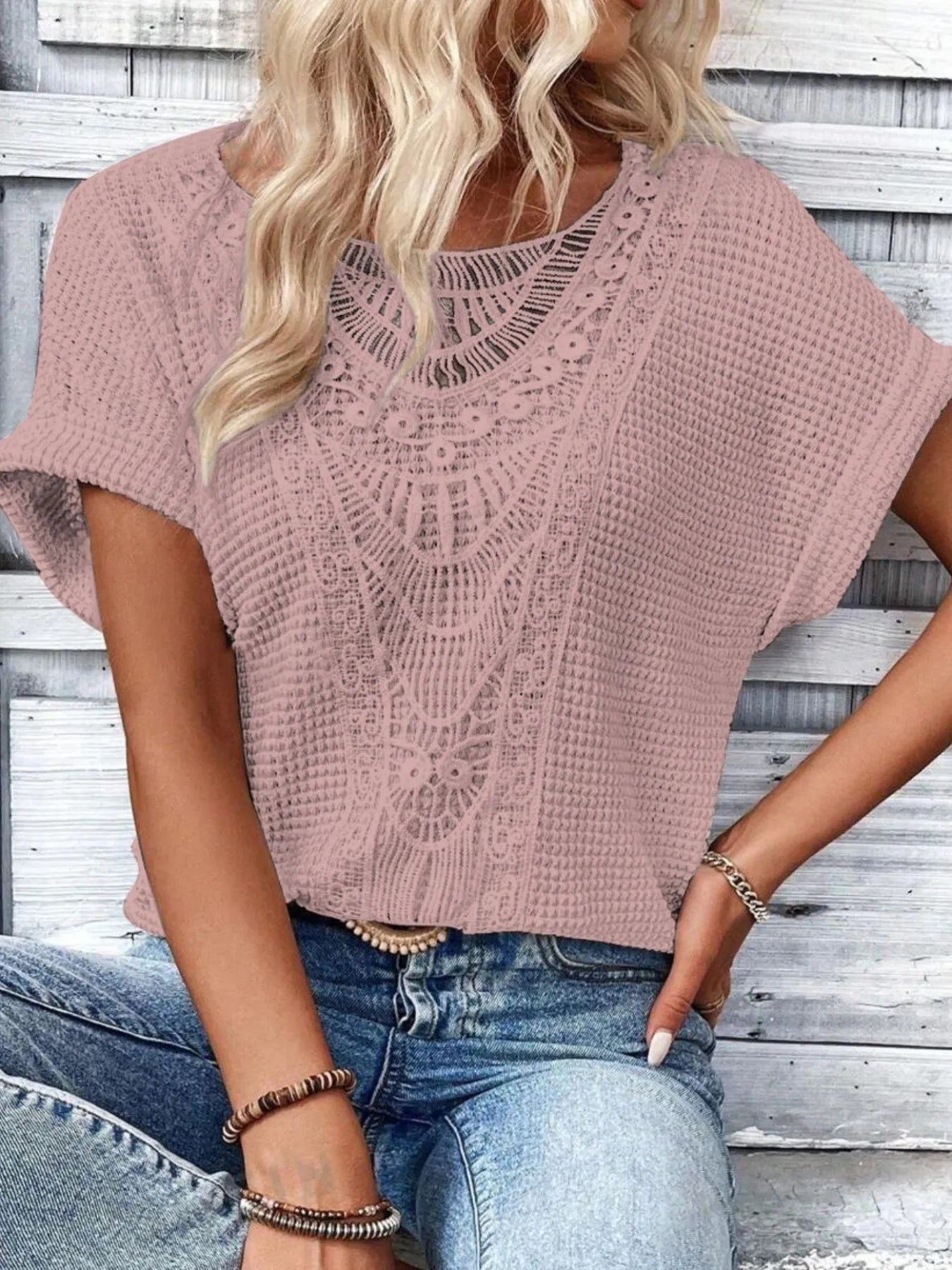 Crochet Lace Short Sleeve Casual T-Shirt - Tigbul's Variety Fashion Shop