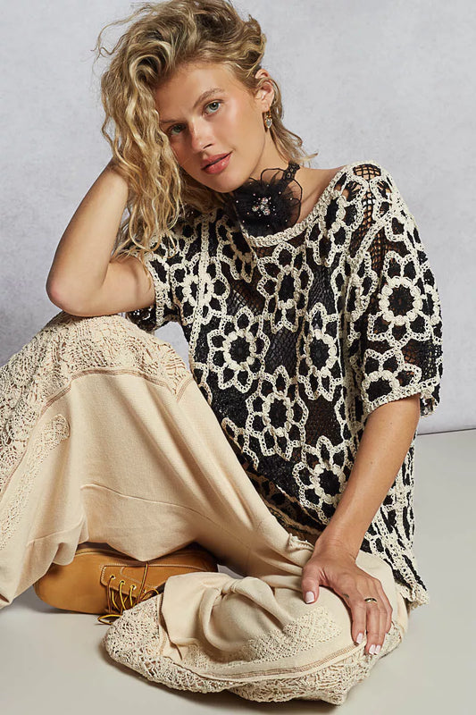 POL Openwork Short Sleeve Crochet Knit Top with Weave Knit Patterns - Tigbul's Variety Fashion Shop