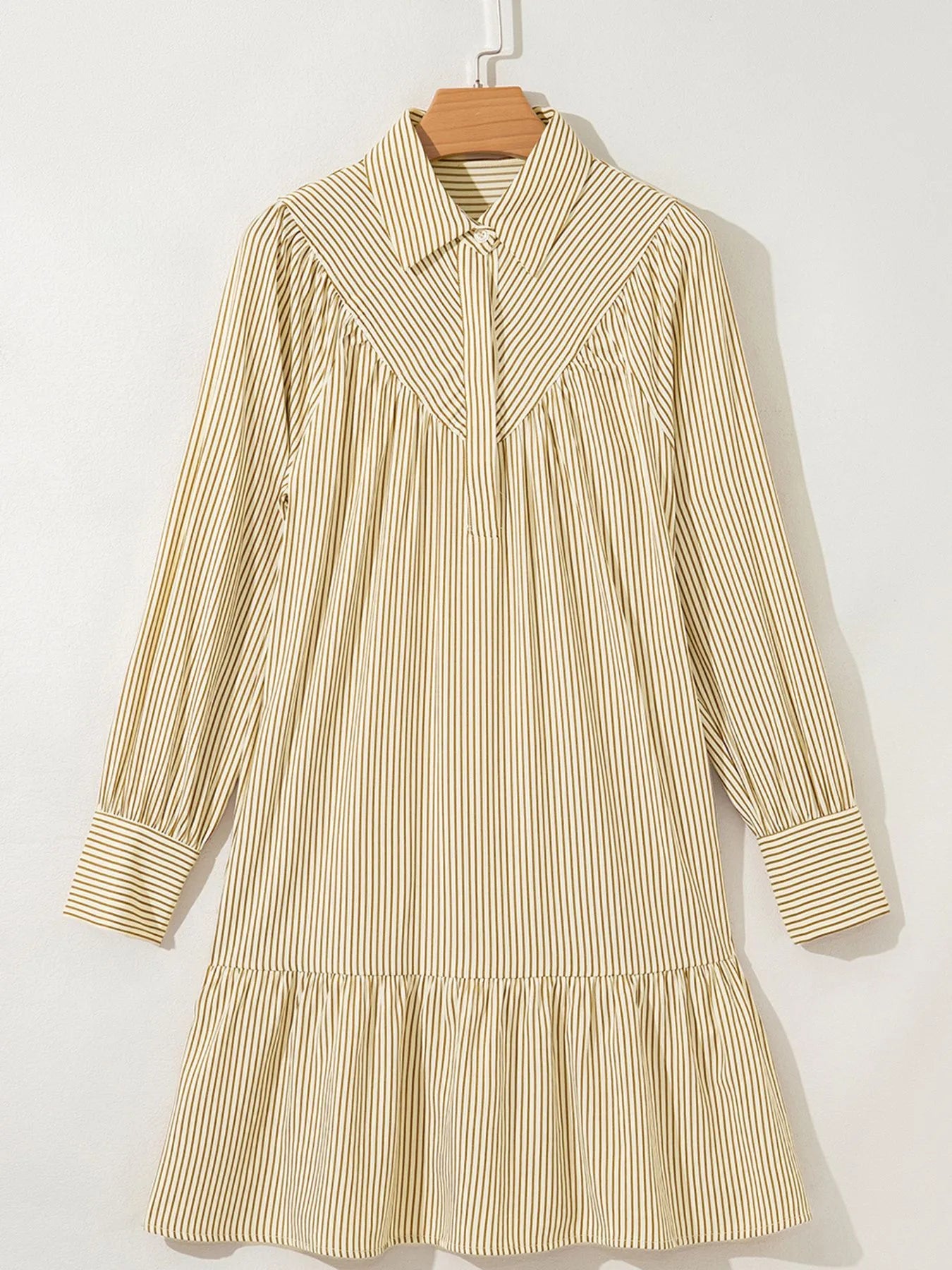 Stripe Collared Neck Cuffed Long Sleeve Drop Waist Mini Dress - Tigbul's Variety Fashion Shop