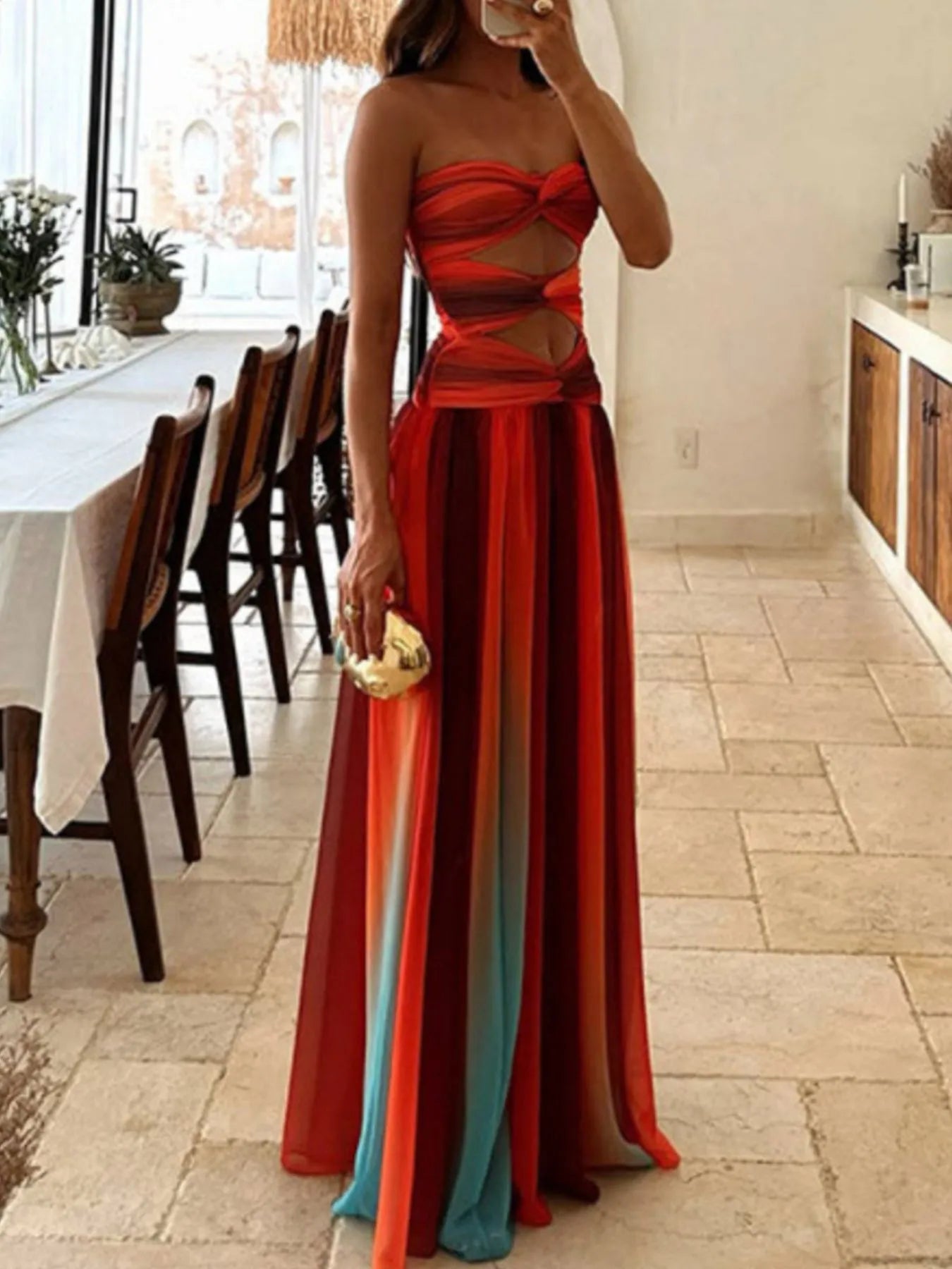 Strapless Cut-Out Rainbow Gradient Maxi Dress - Tigbul's Variety Fashion Shop