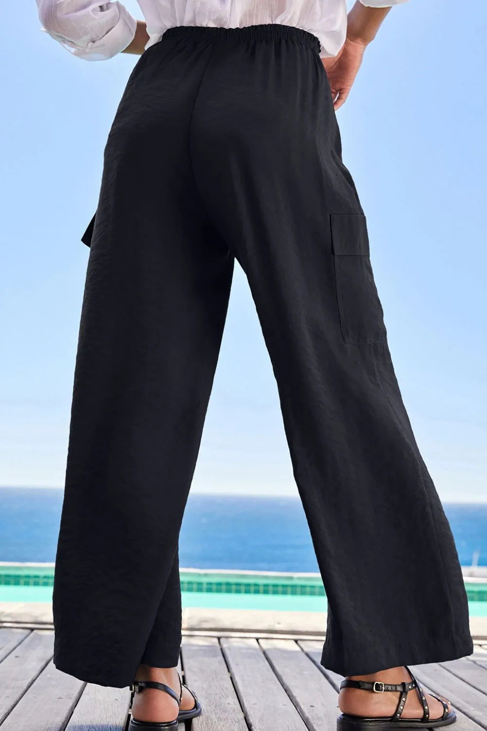 Drawstring Frilled Waist Wide Leg Utility Trousers - Tigbul's Variety Fashion Shop