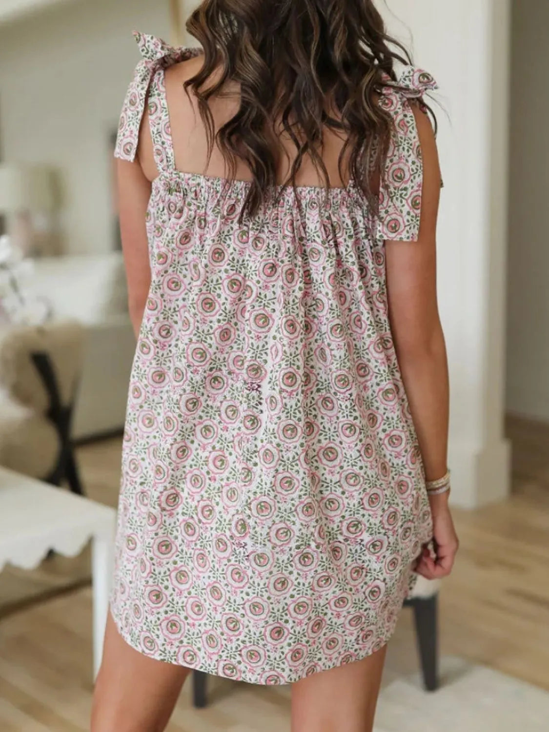 Printed Square Neck Tie Shoulder Mini Dress - Tigbul's Variety Fashion Shop