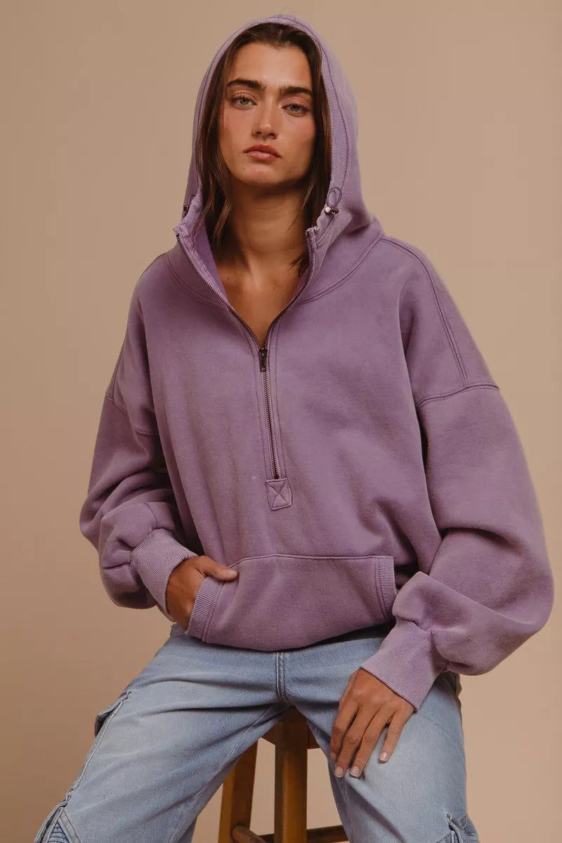 BiBi Stitch Detailed Elastic Hem Half Zip Fleece Hoodie - Tigbul's Variety Fashion Shop