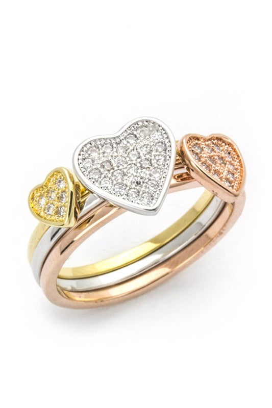 3 Tone CZ Heart Triple Ring - Tigbul's Variety Fashion Shop