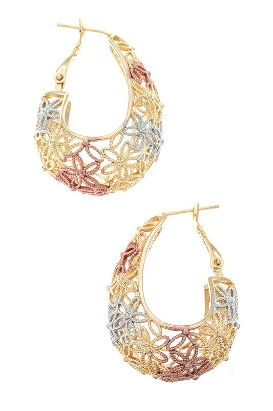 3 Tone Textured Laser Cut 3D Hoop Earrings - Tigbul's Variety Fashion Shop