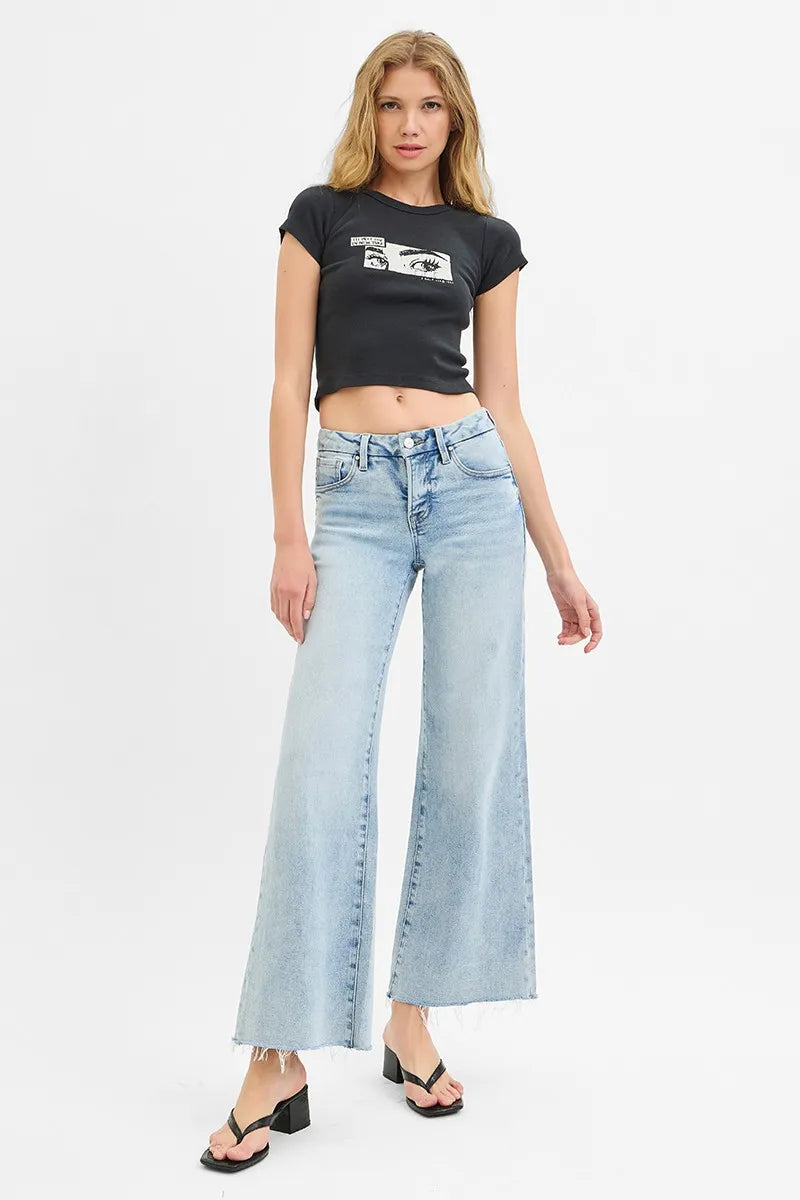 RISEN Full Size Tummy Control Low Rise Wide Leg Raw Cut Hem Jeans Plus Size - Tigbul's Variety Fashion Shop