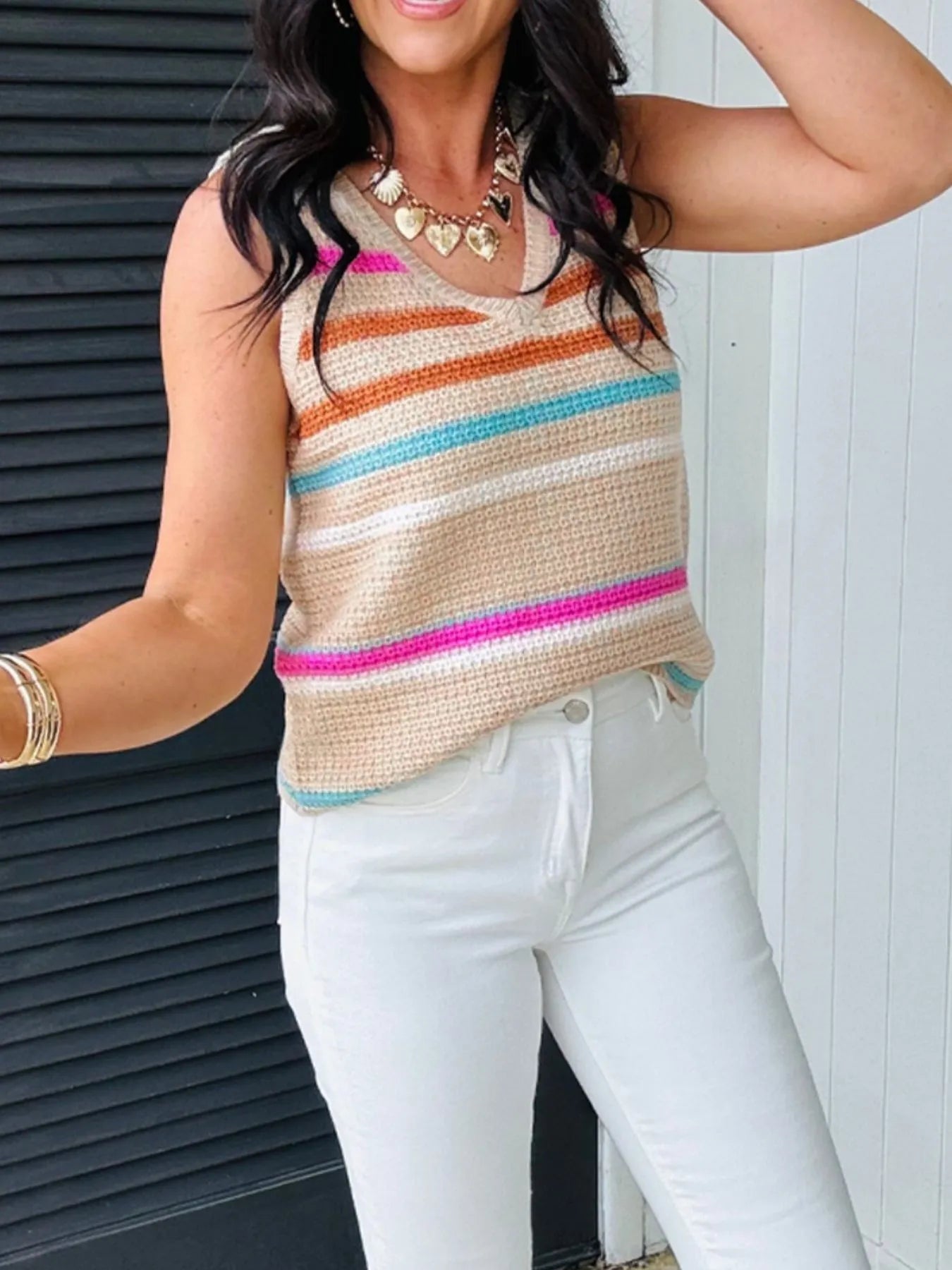 Striped Knit V-Neck Sweater Vest - Tigbul's Variety Fashion Shop