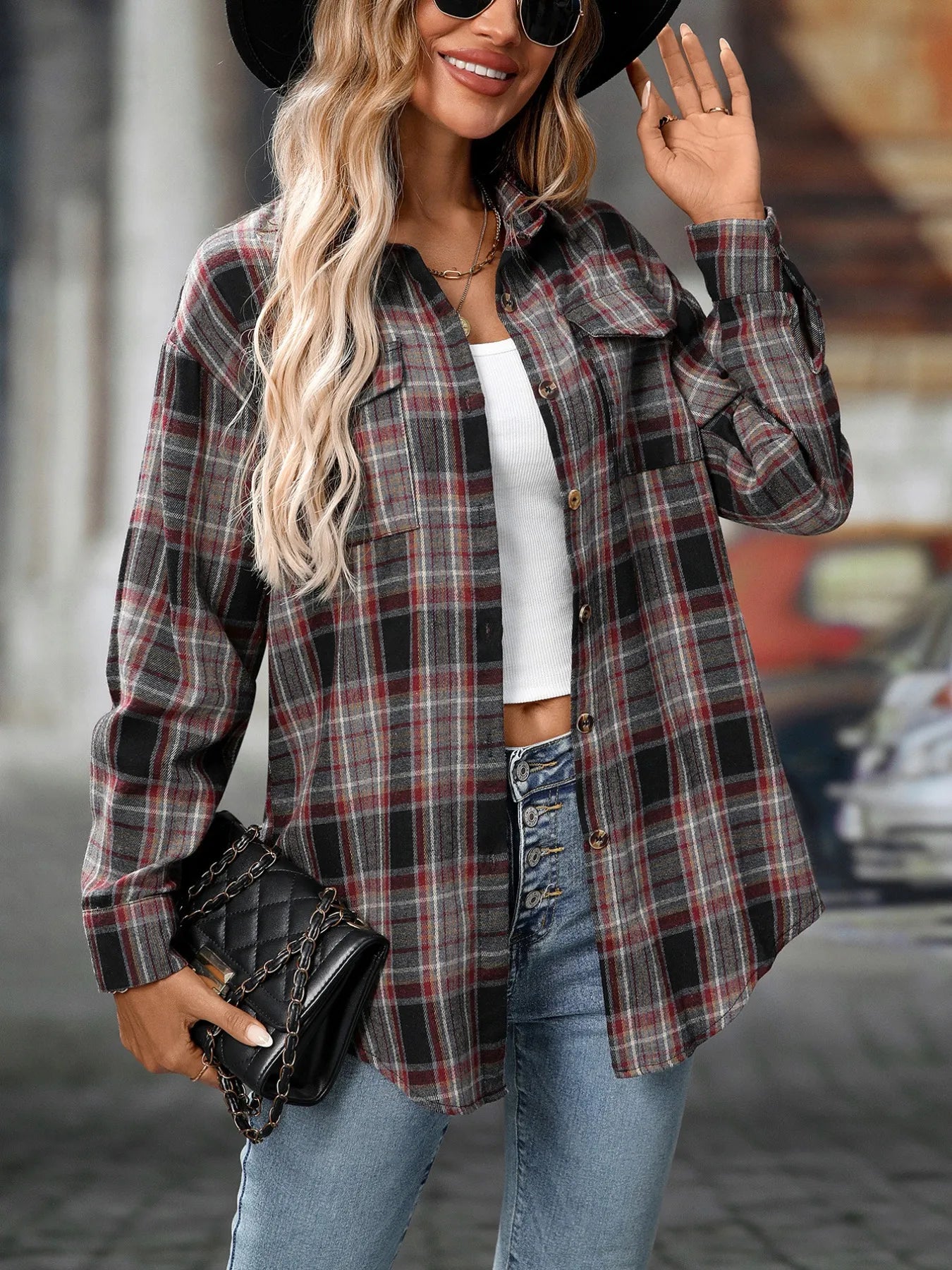 Oversized Plaid Button-Up Shirt - Tigbul's Variety Fashion Shop