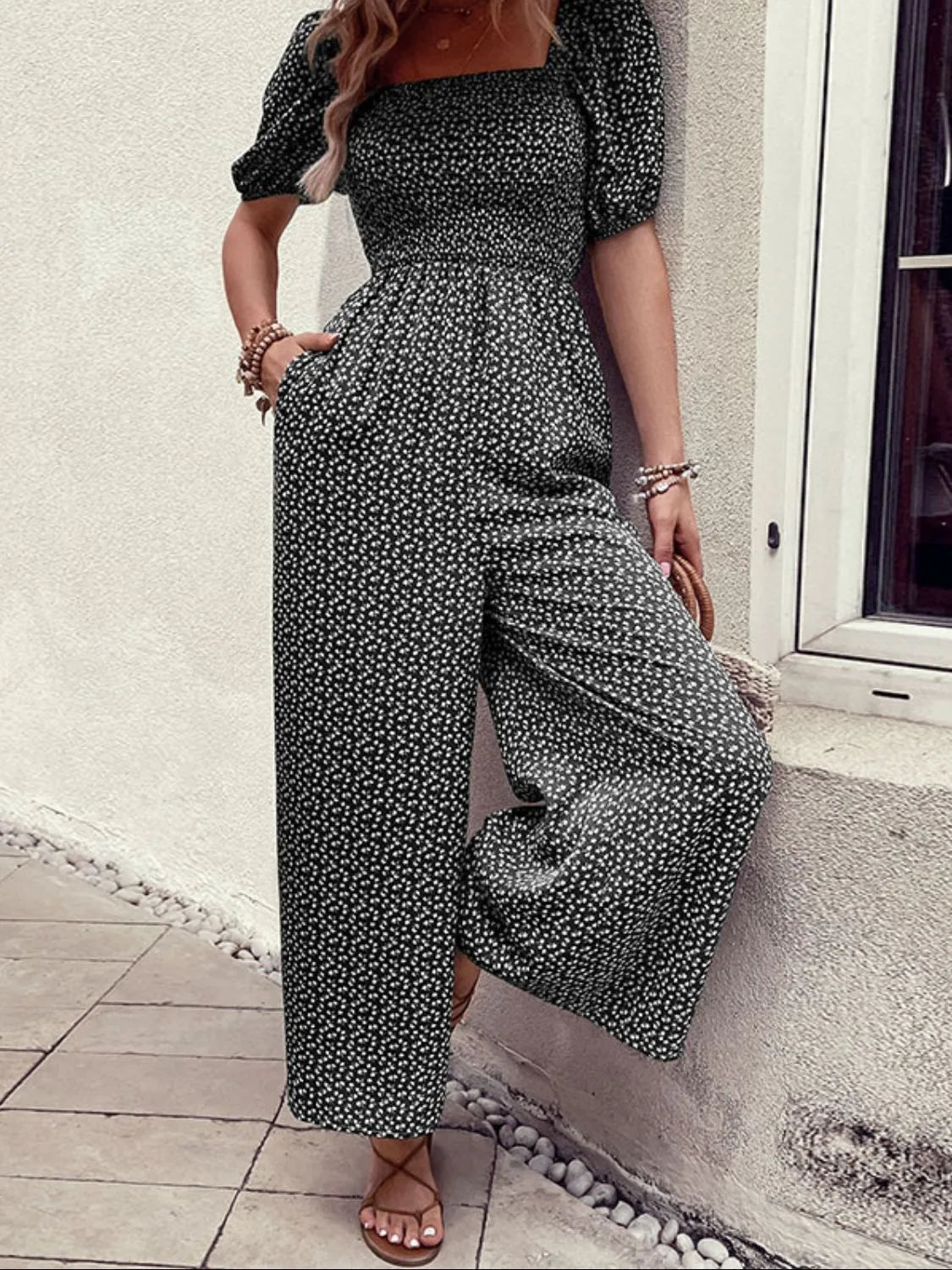 Printed Square Neck Puff Sleeve Jumpsuit - Tigbul's Variety Fashion Shop