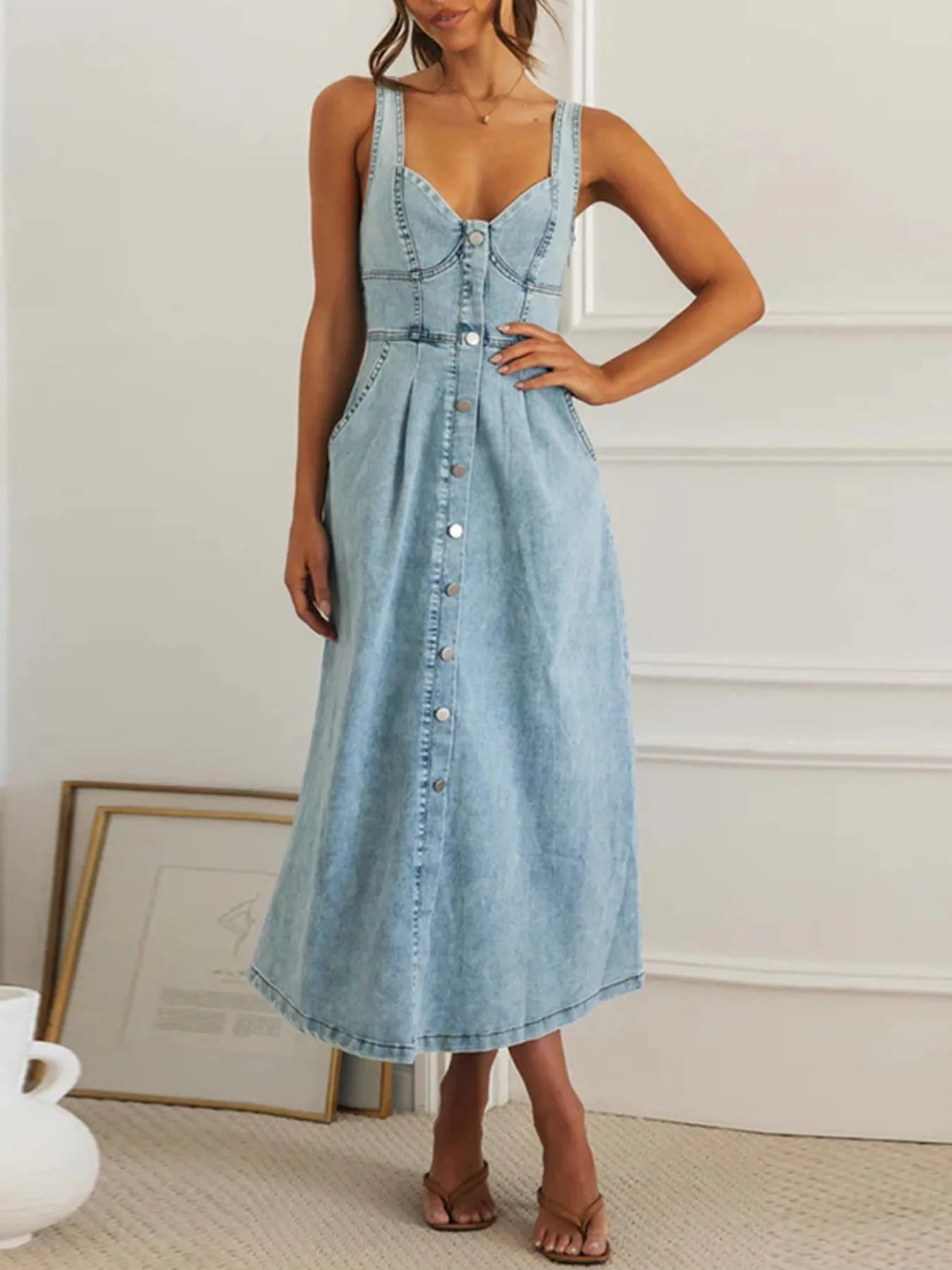Sweetheart Neck Button-Front Midi Denim Dress - Tigbul's Variety Fashion Shop